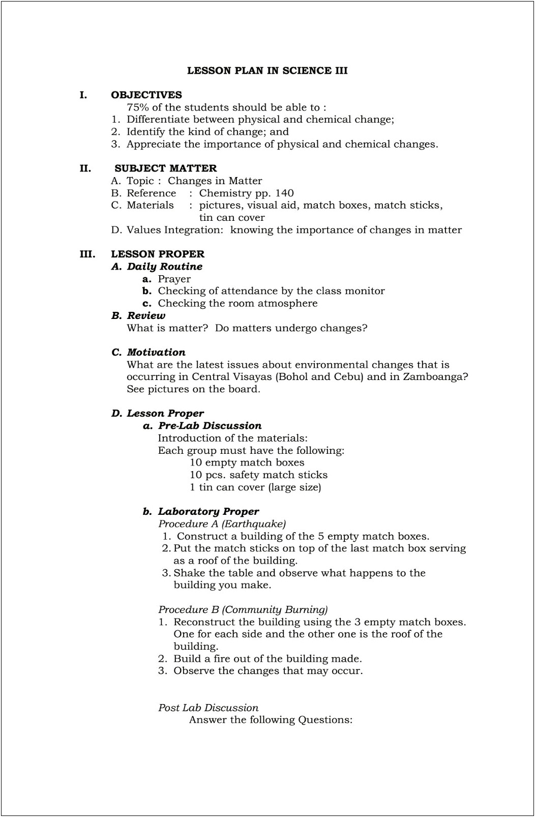 Lesson Plan Template For Science Lab