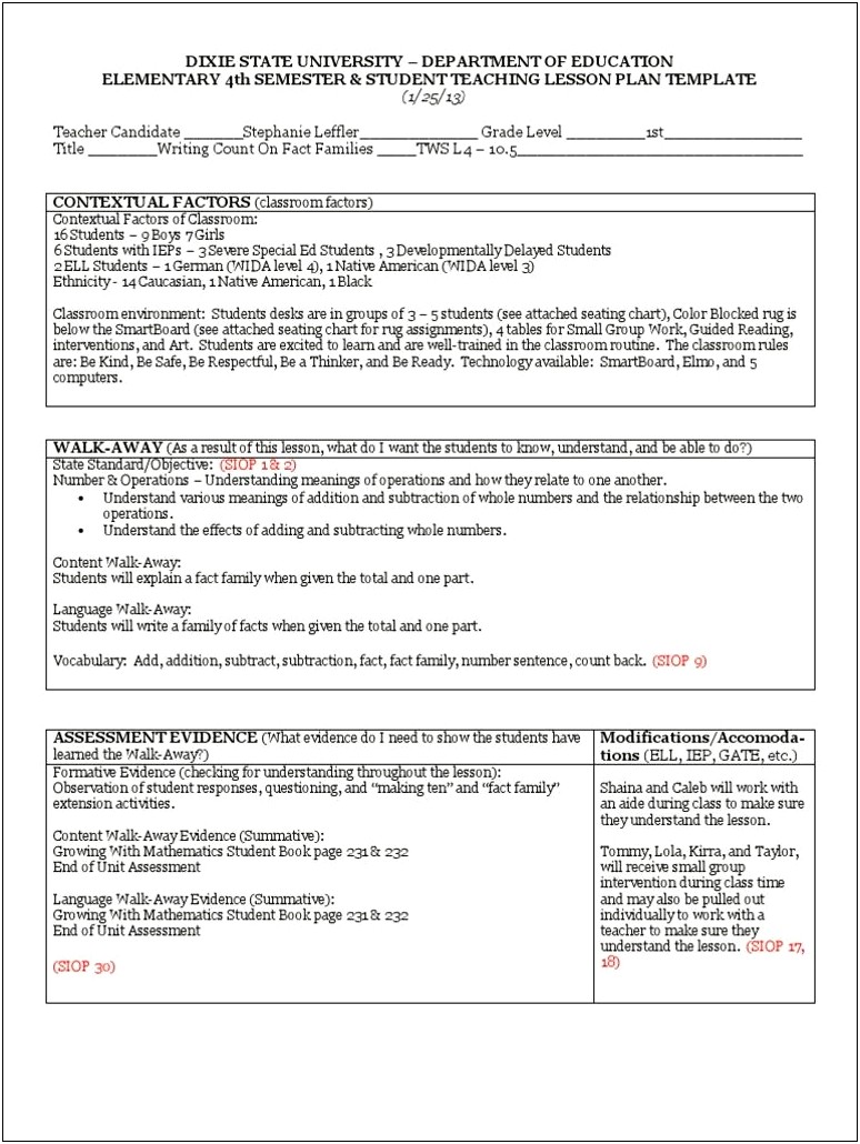 Lesson Plan Template For Special Ed Student Teachers