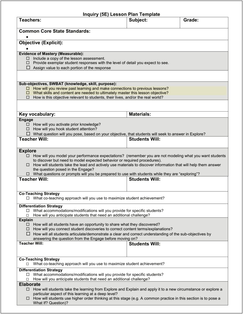 Lesson Plan Template For Student Taught Lesson