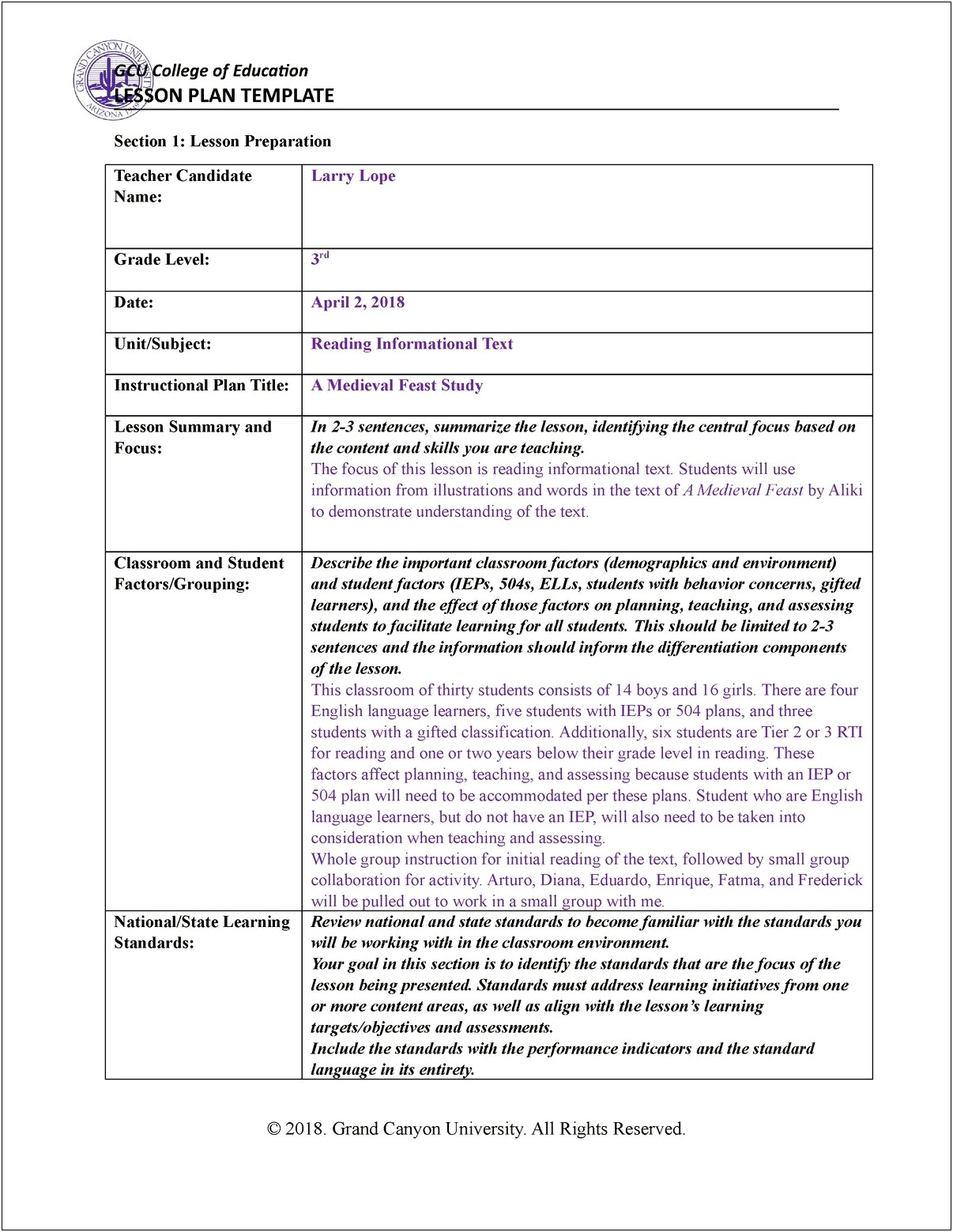 Lesson Plan Template For Teaching Lliteracy