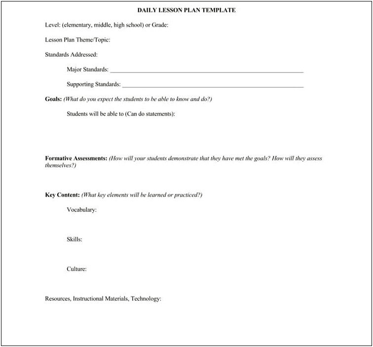 Lesson Plan Template For Technology Elementary School