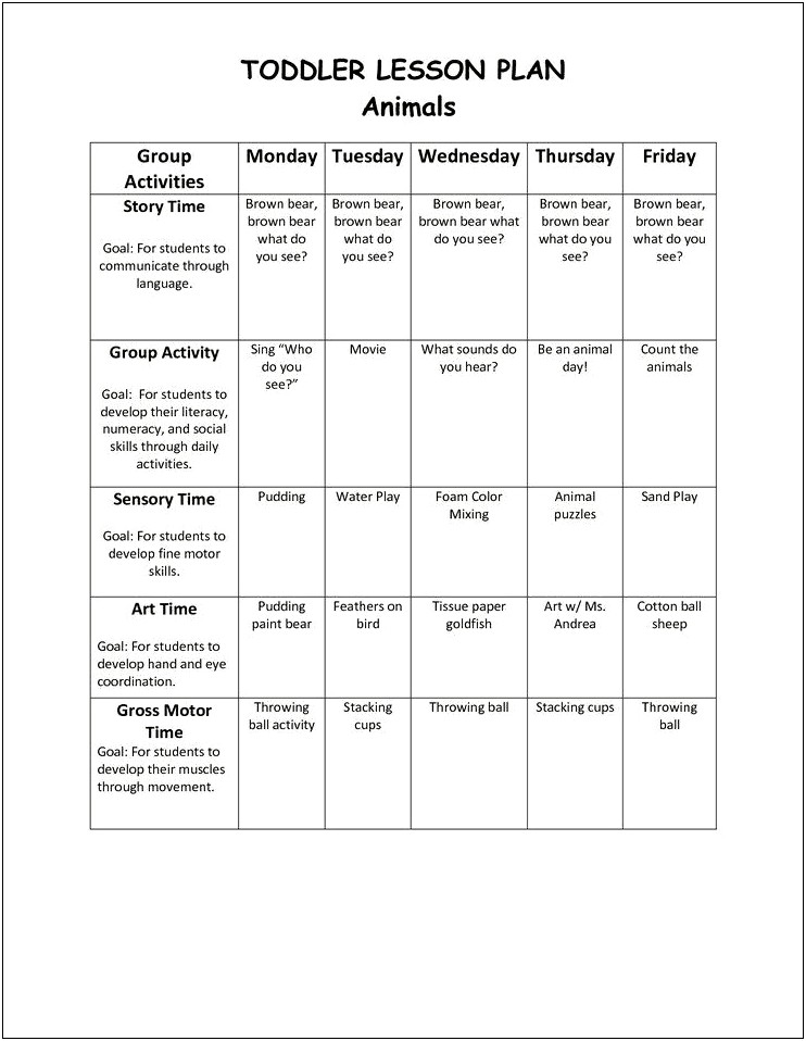 Lesson Plan Template For Two Year Olds