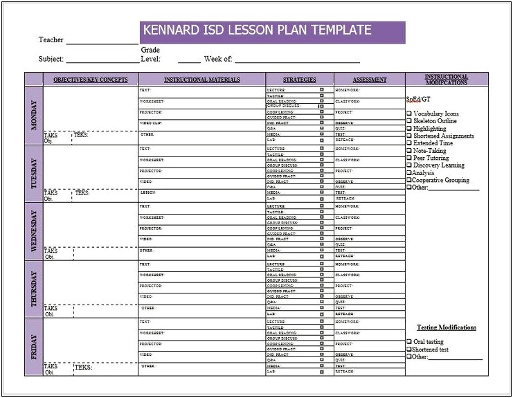 Lesson Plan Template For Week Word