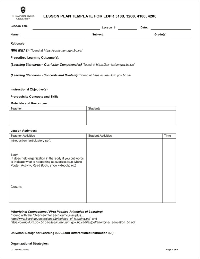 Lesson Plan Template Format Elementary School