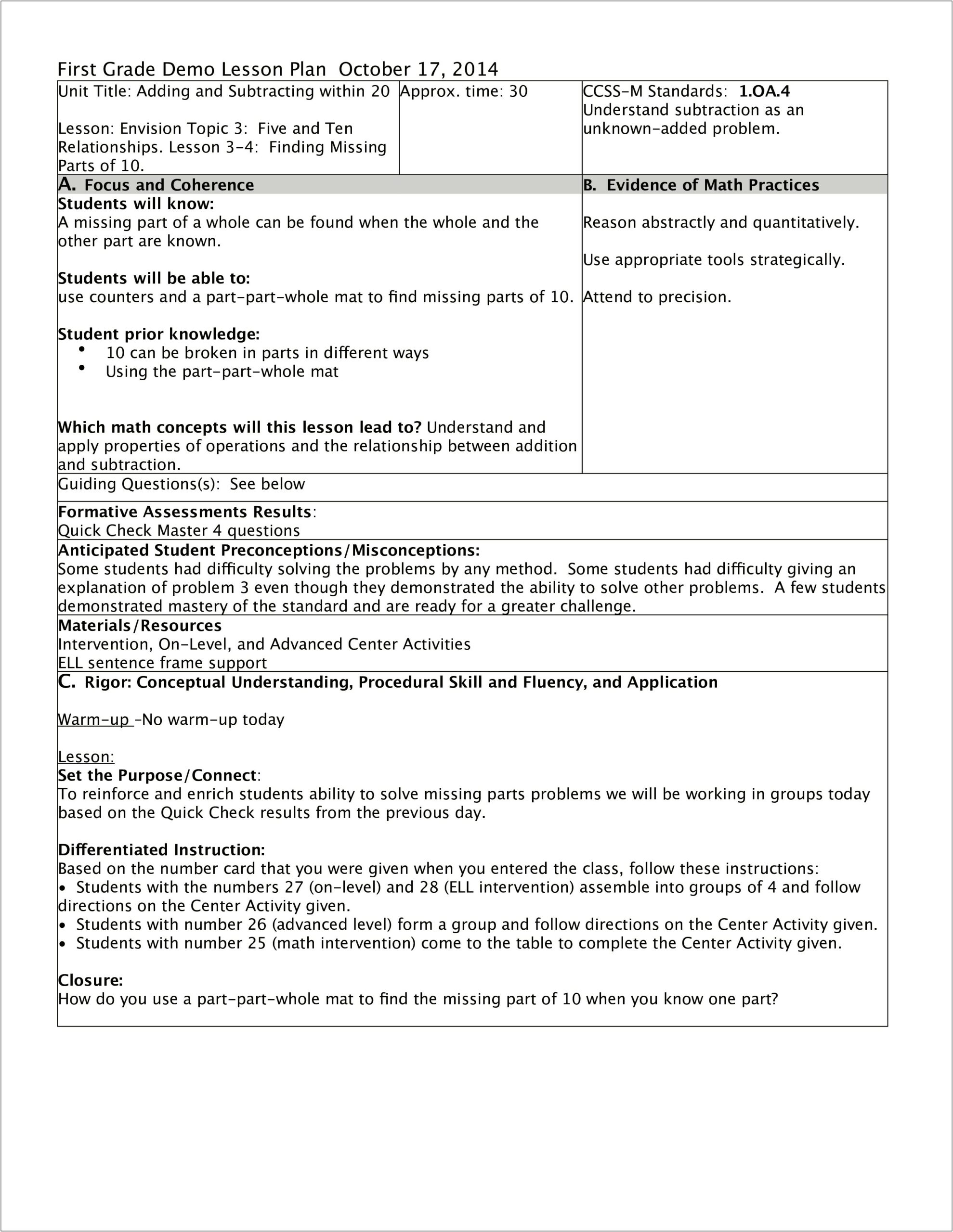 Lesson Plan Template Math High School Print