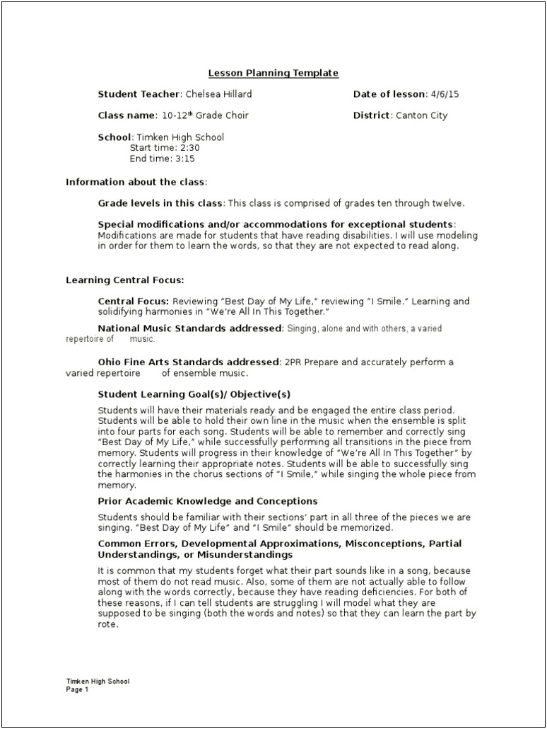 Lesson Plan Template Middle School Chorus