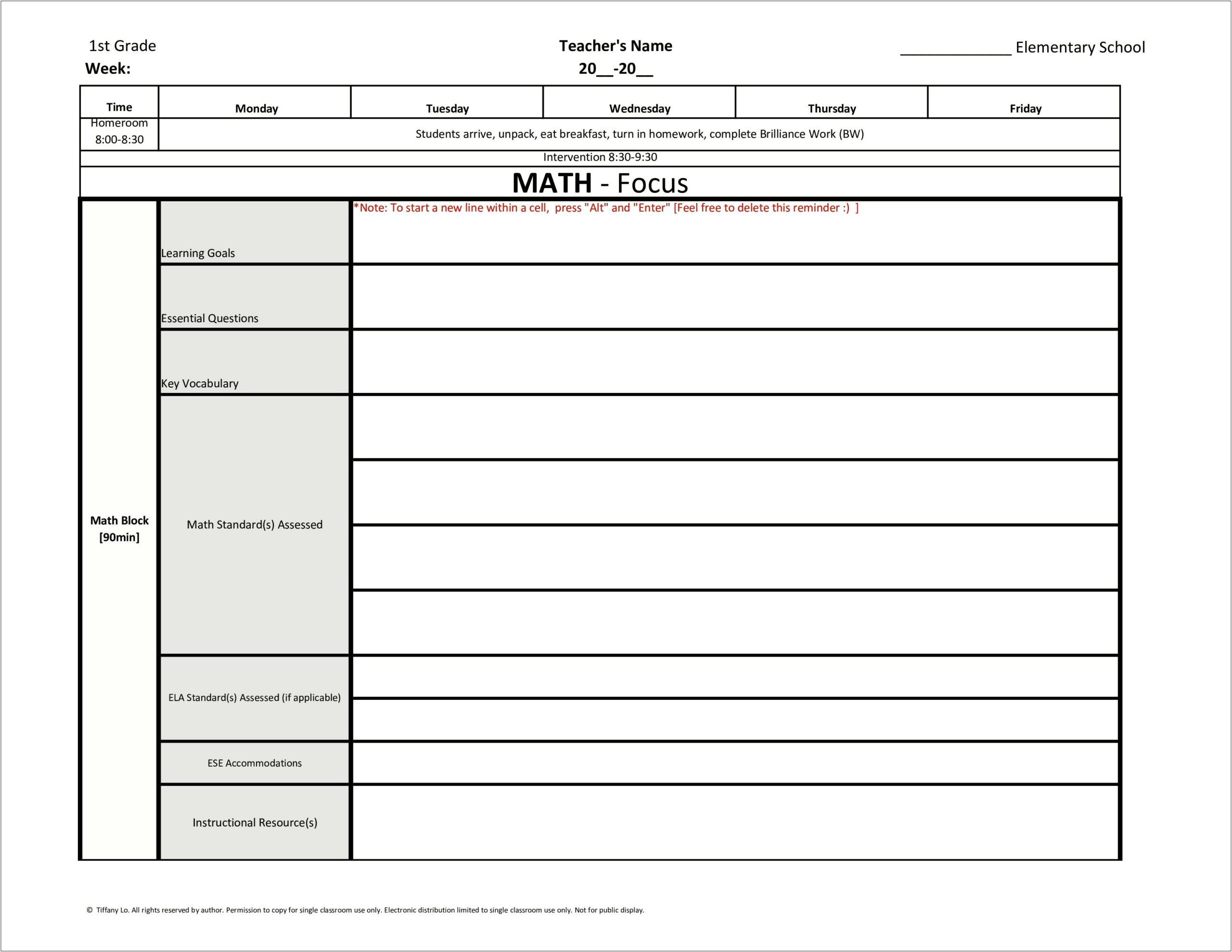 Lesson Plan Template Printable Common Core