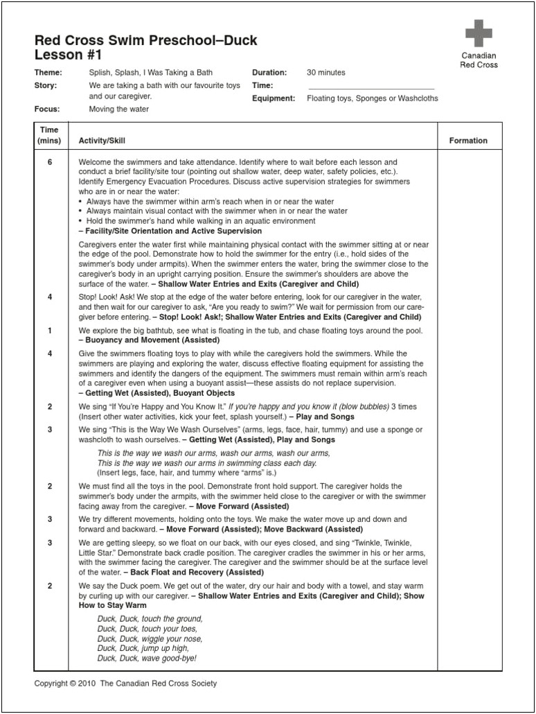 Lesson Plan Template Swimming Red Cross