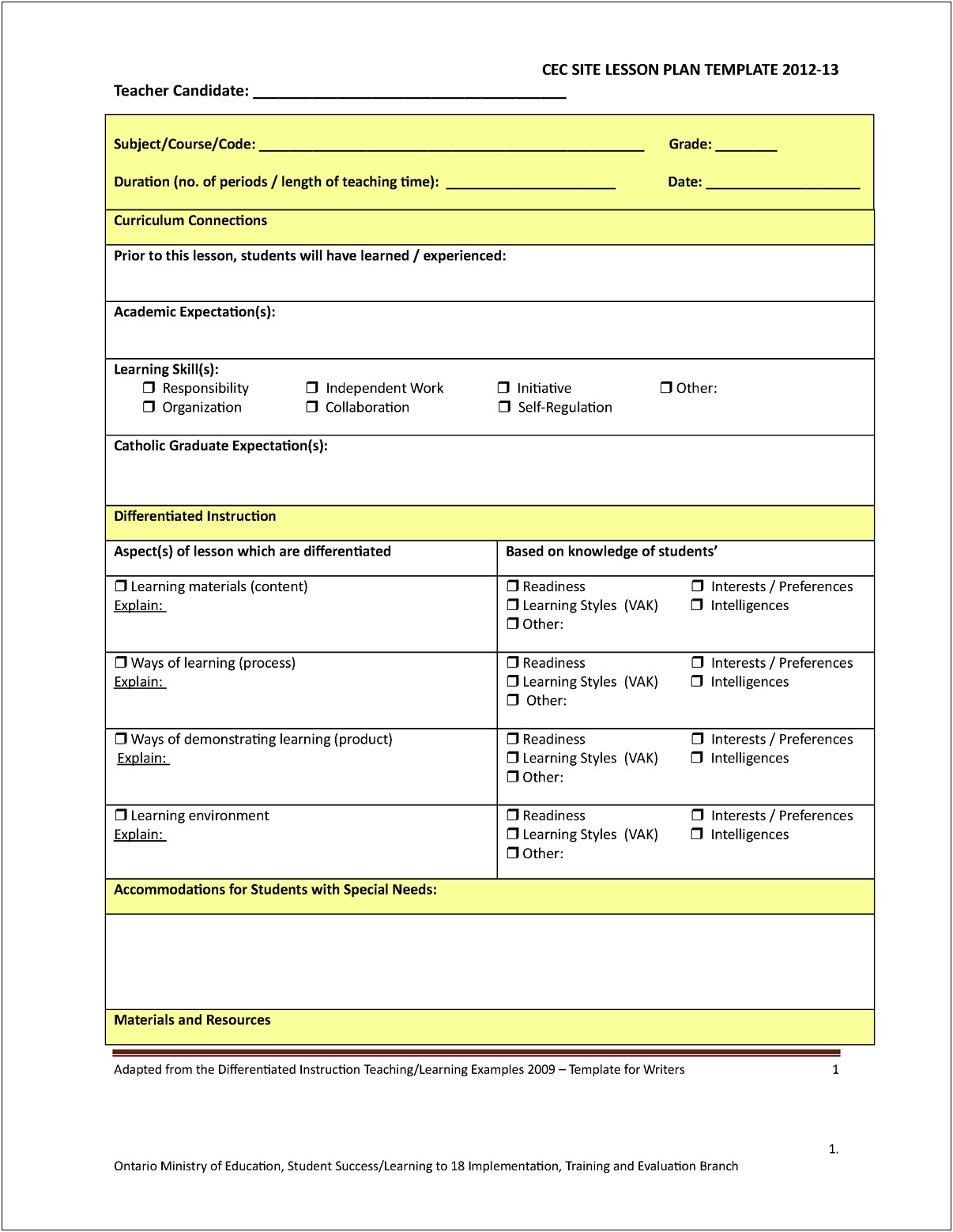 Lesson Plan Template U Of S