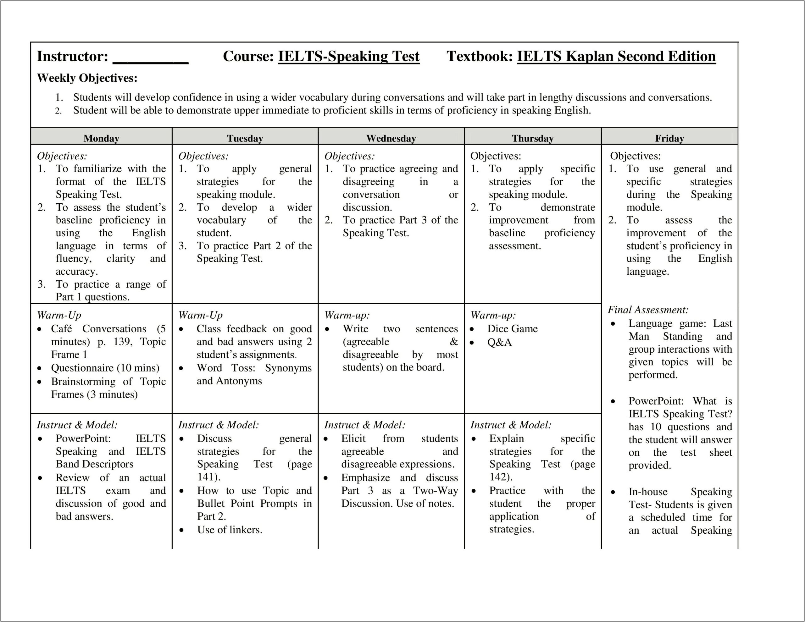 Lesson Plan Template With Bullet Points