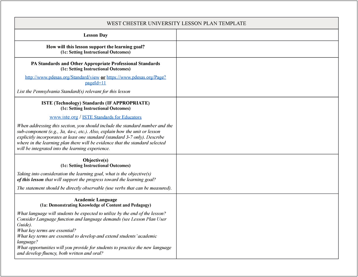 Lesson Plan Template With Pa Standards