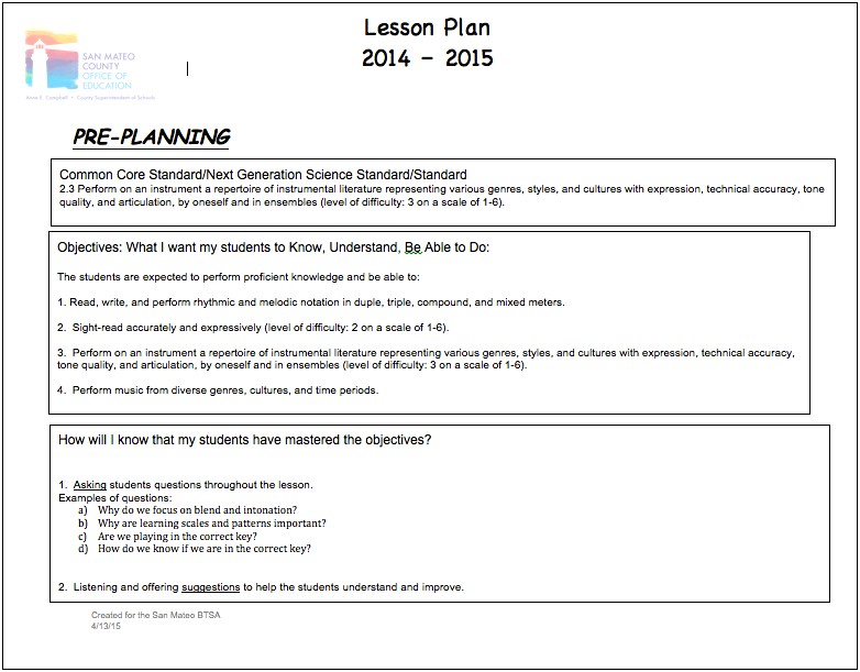 Lesson Plan Templates Beginning Instrumental Music 2014 Standards