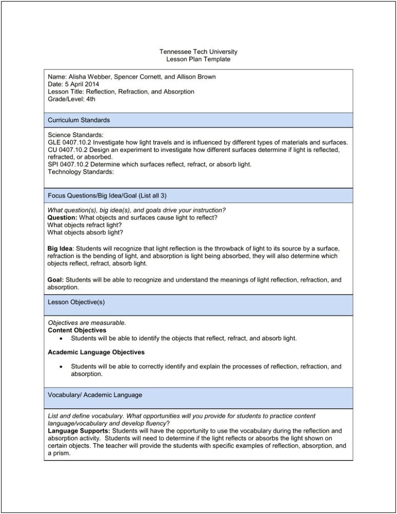 Lesson Plans Template For Science Lab Safety