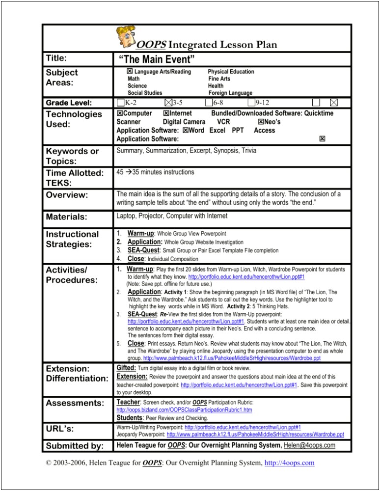 Lesson Plans Template For Visual Art