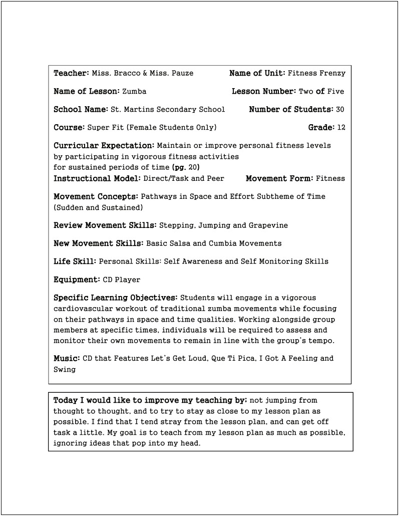 Lesson Plans Template For Zumba Dance