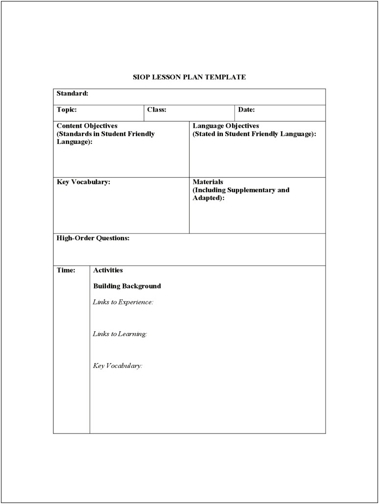 Lesson Plans Templates With Standards And Objective