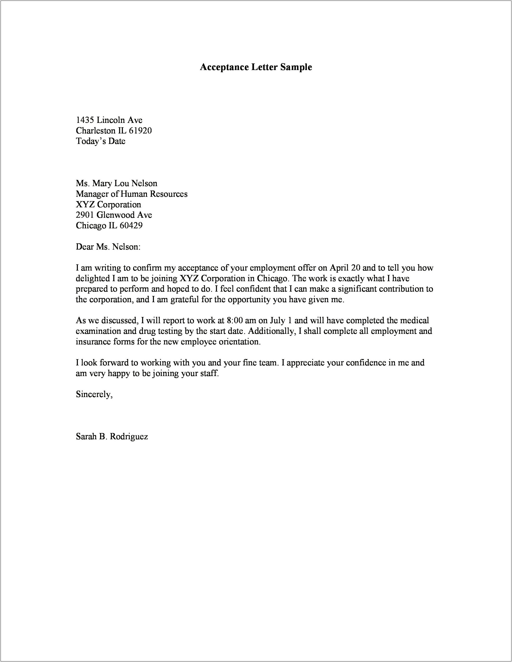 Letter For Accepting A Job Offer Template