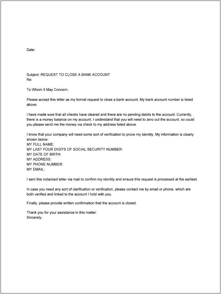 Letter For Closing Bank Account Template