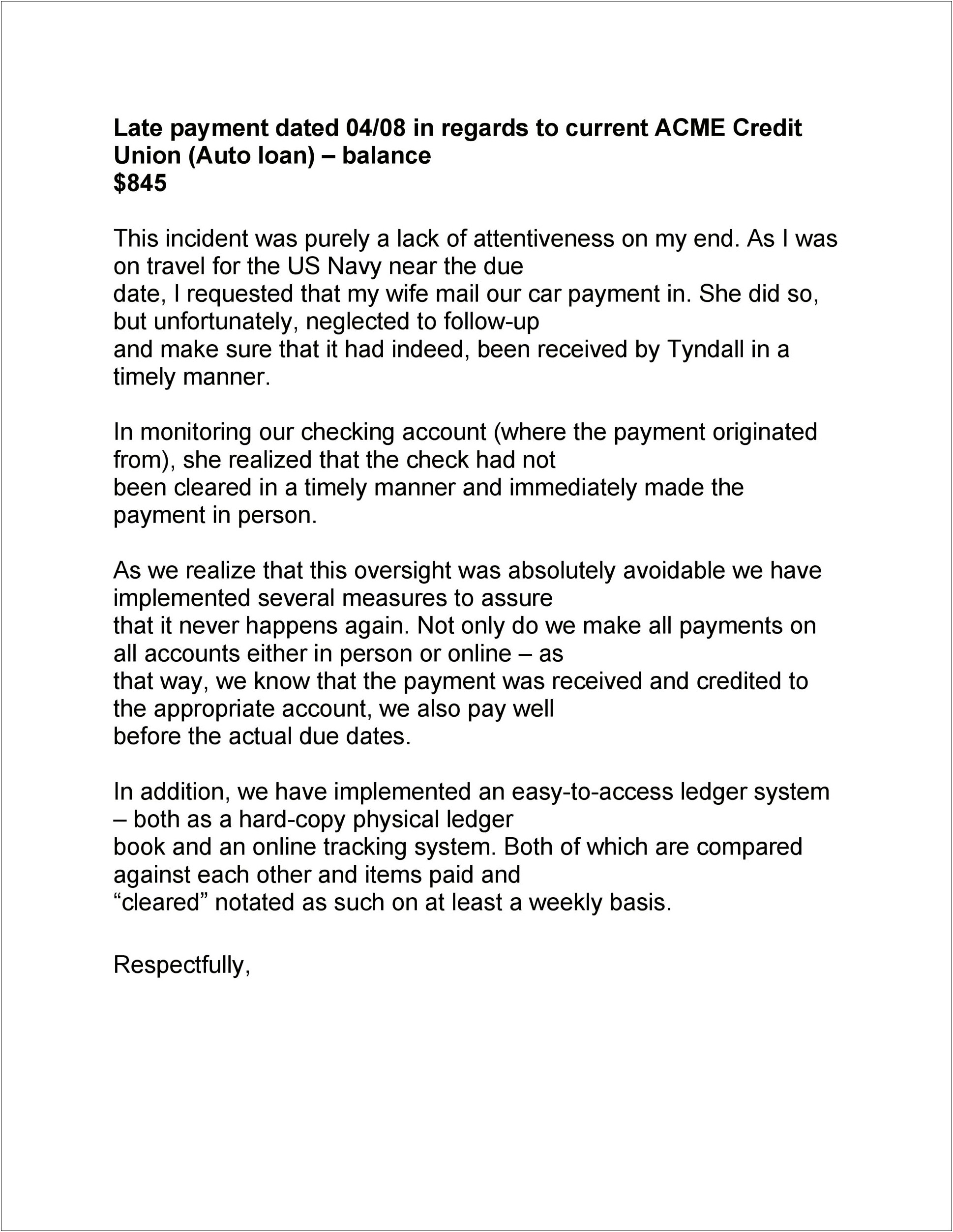 Letter For Current Loan Payment Template