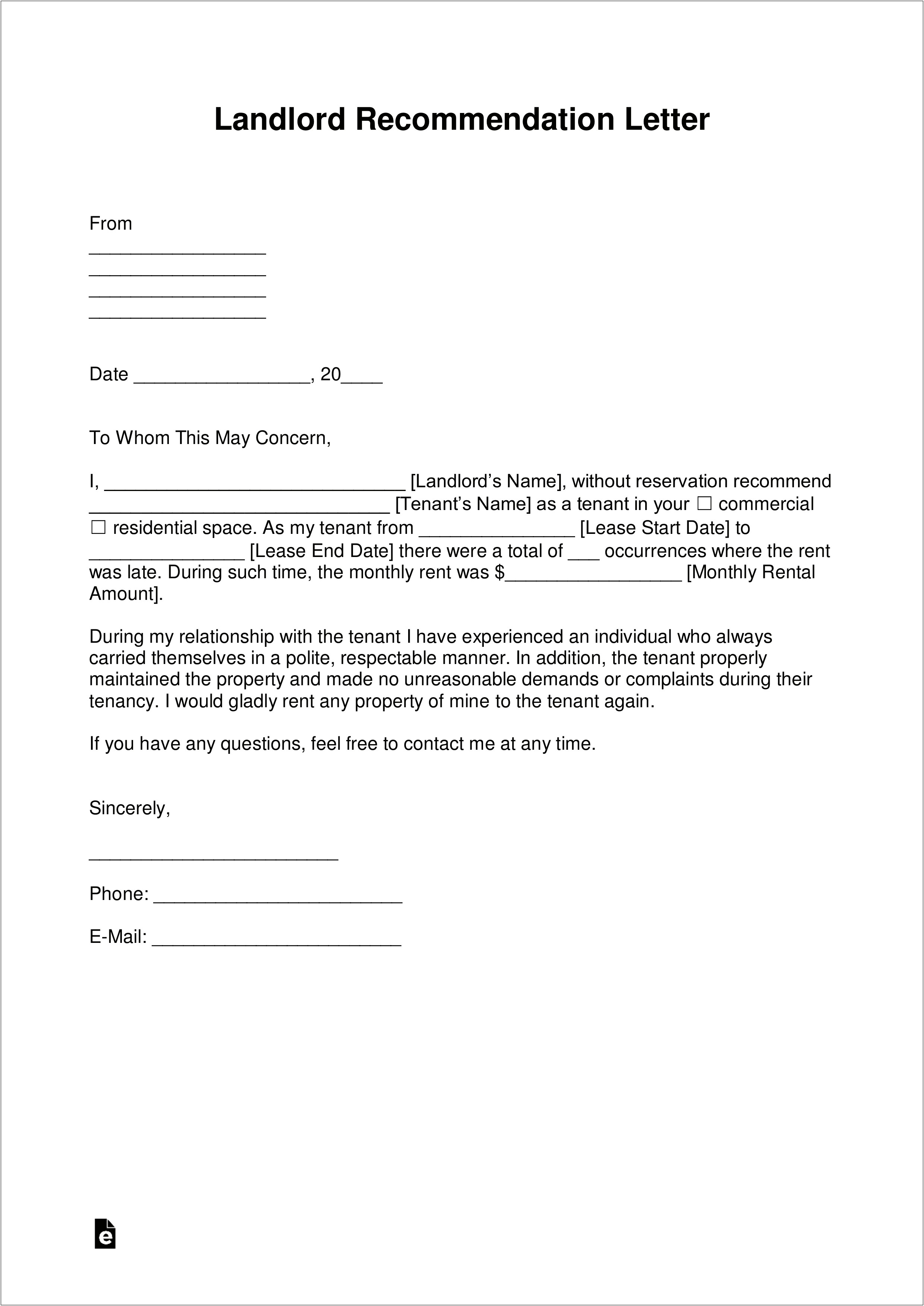 Letter For Landlord Template From Business Reference