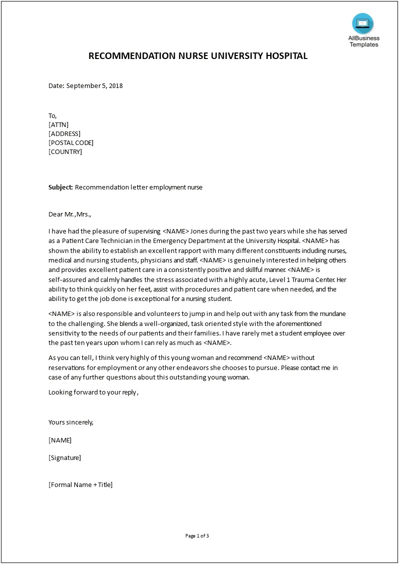 Letter For Recommendation Template For Nurse