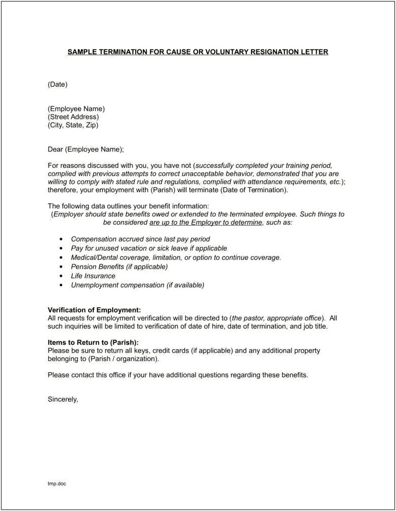 Letter From An Employer Termination Health Insurance Template