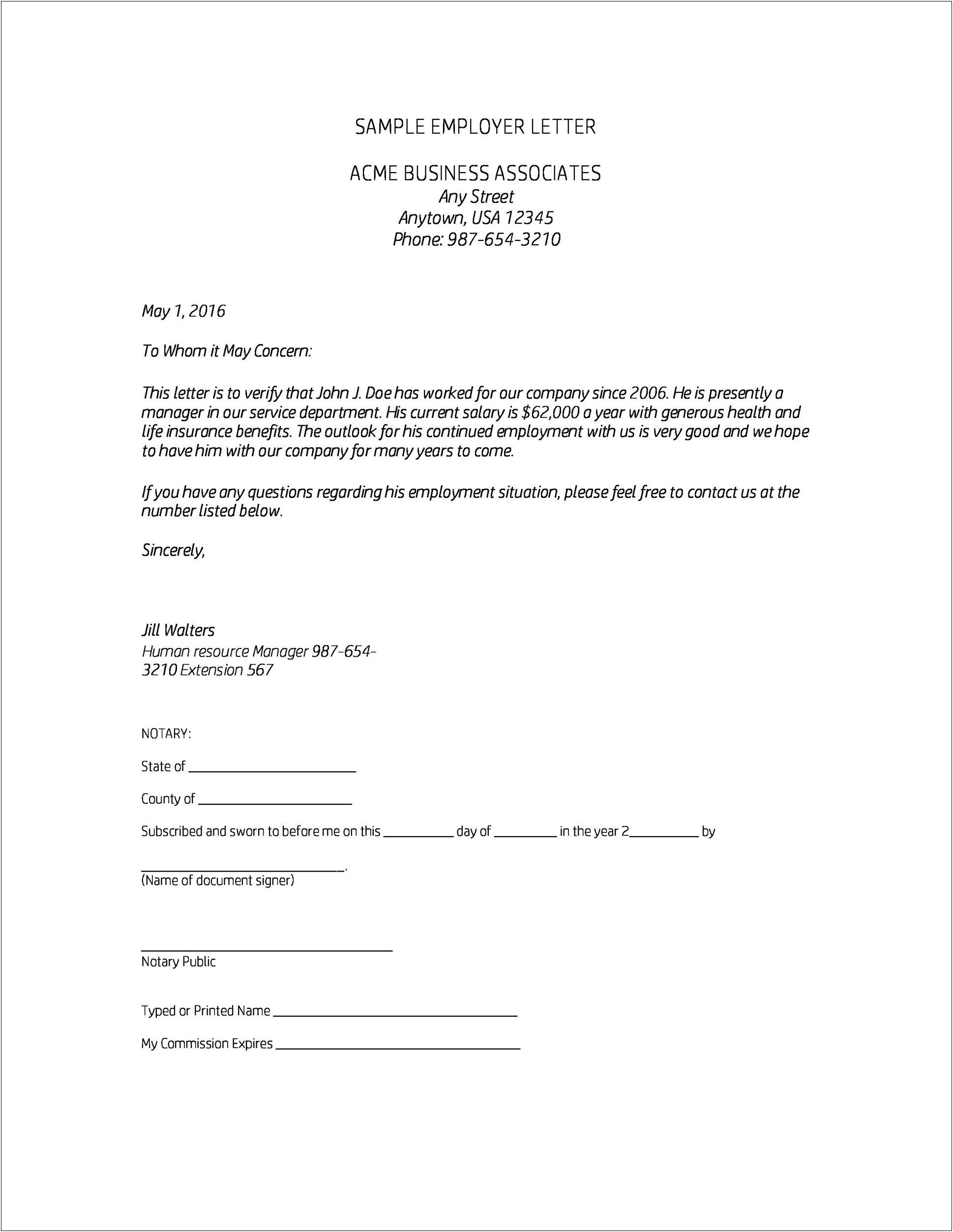 Letter From Employer Proof Of Income Template