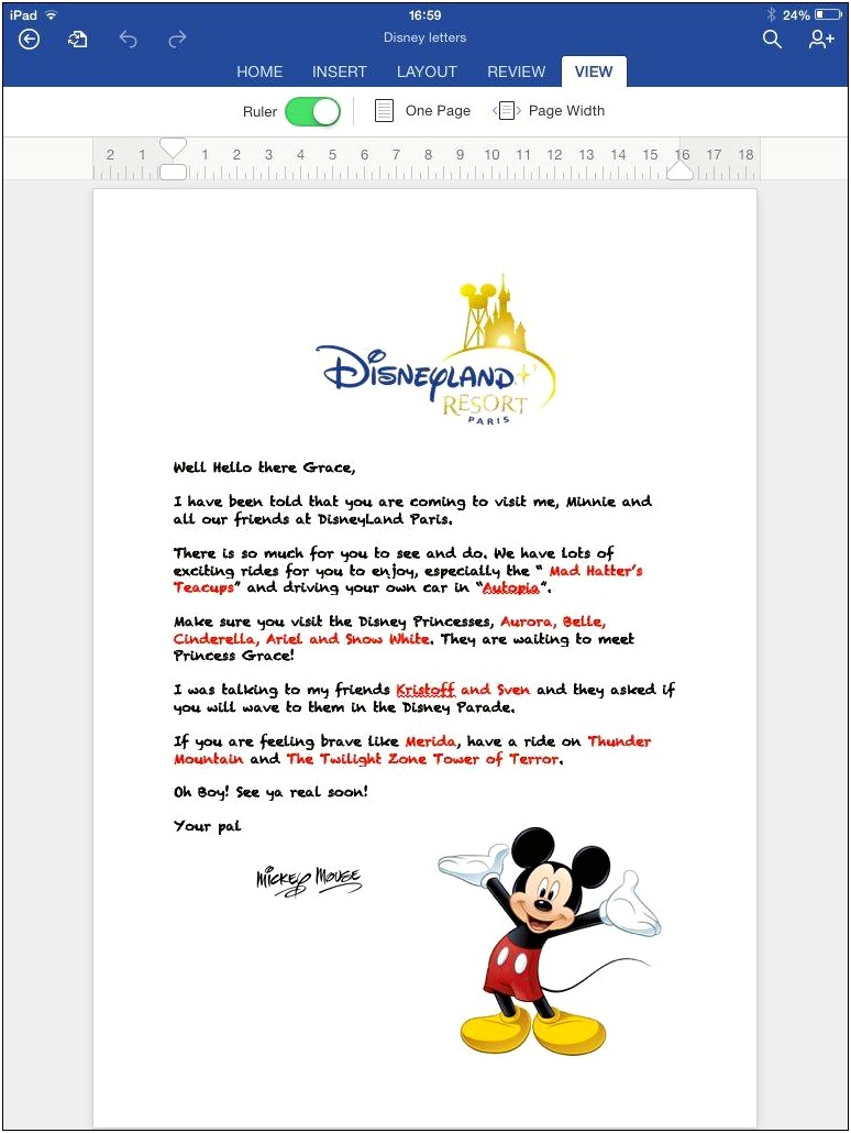 Letter From Mickey Mouse Inviting To Disneyland Template