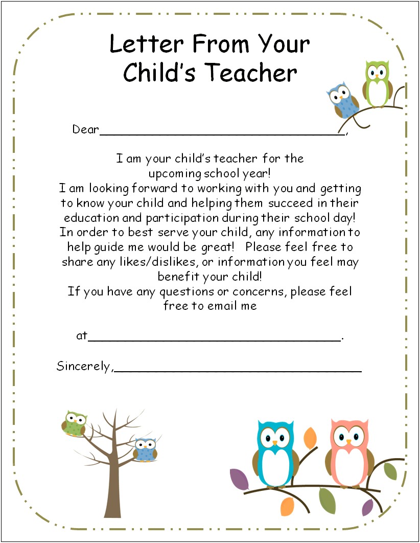 Letter From Teacher To Parents Template