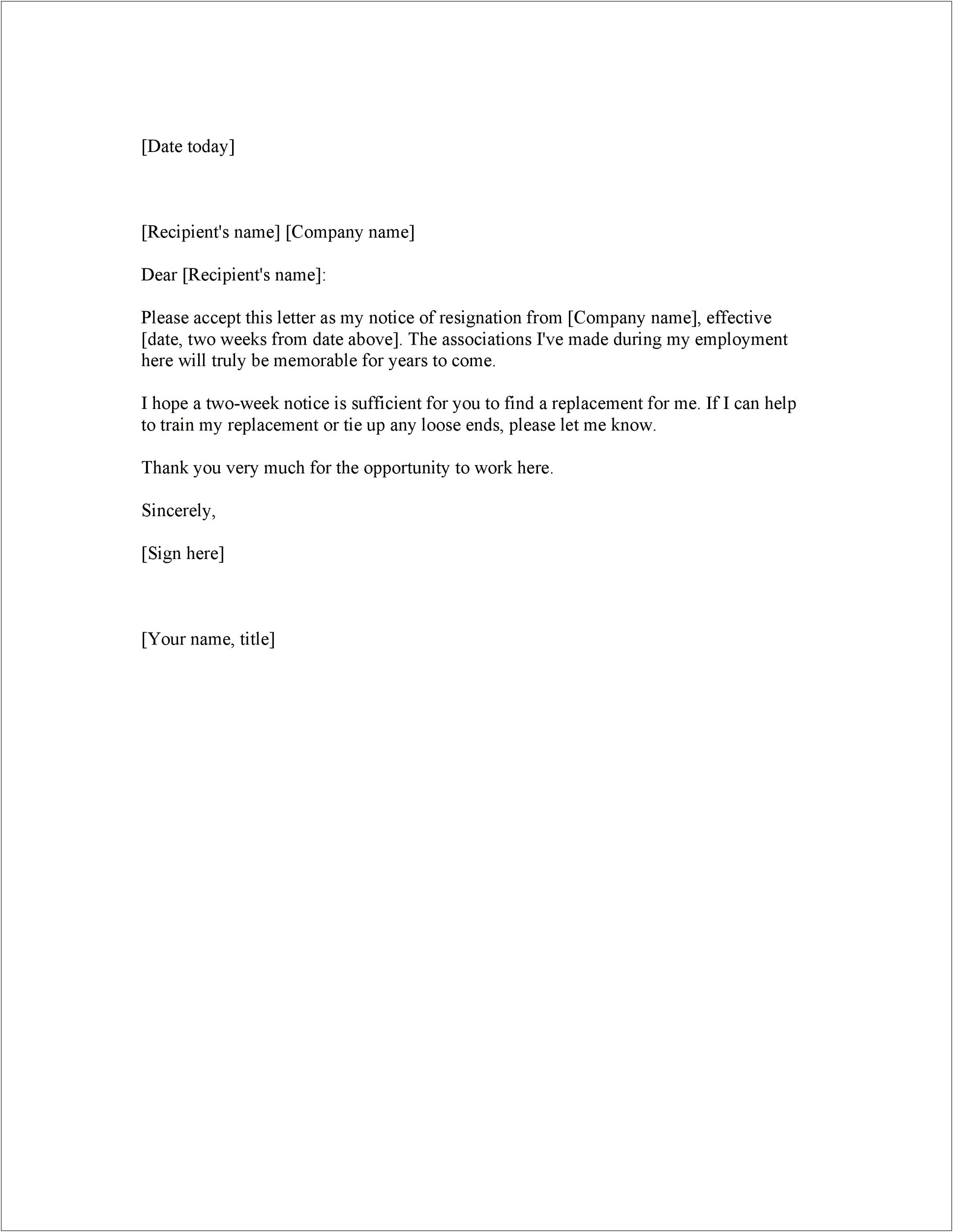 Letter Of 2 Week Notice Template