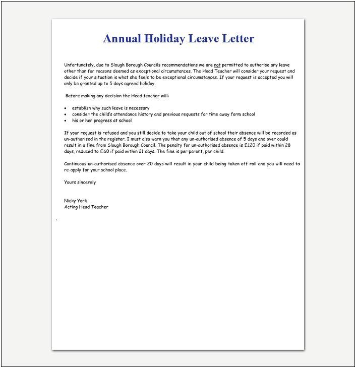 Letter Of Absence From School For Vacation Template