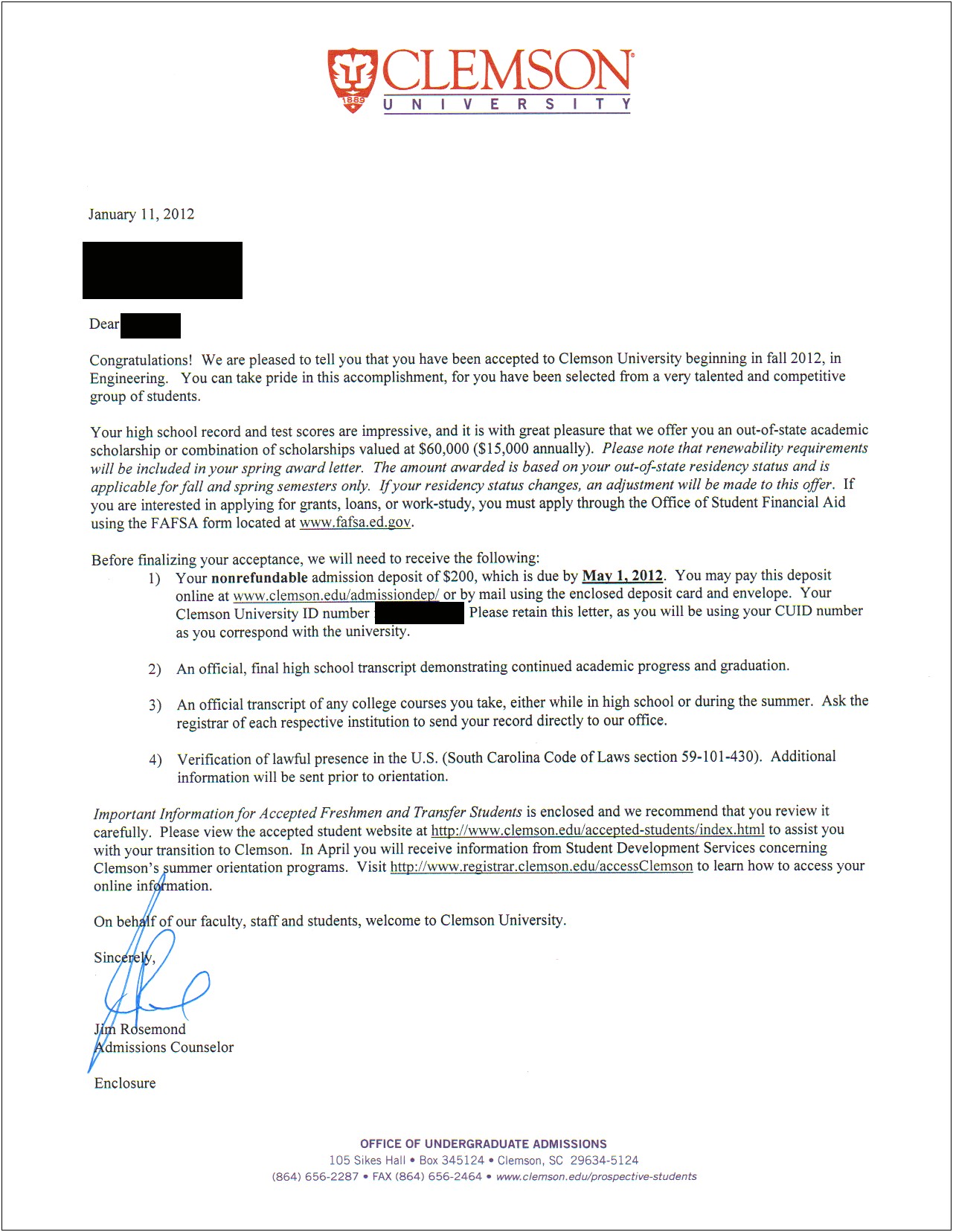 Letter Of Acceptance Template For College