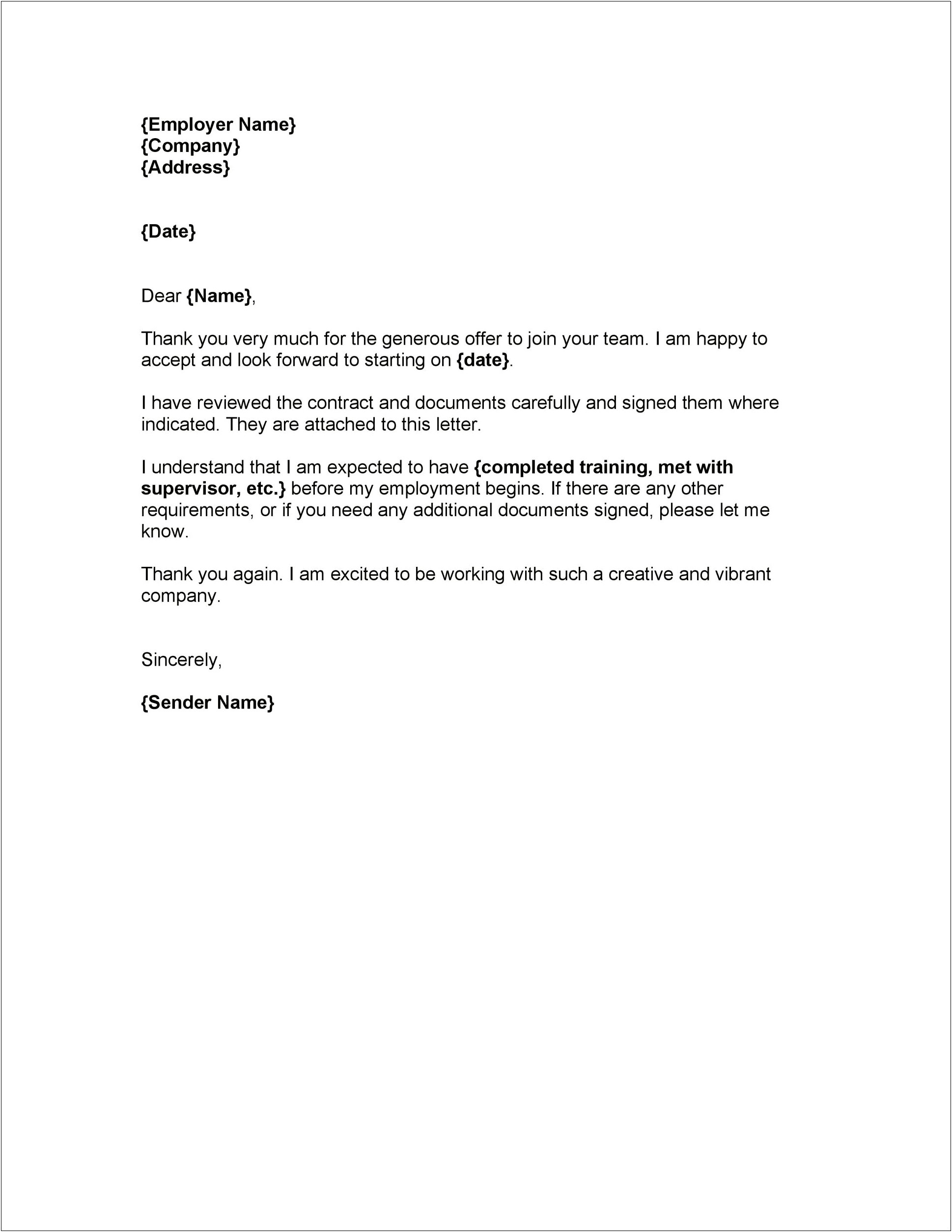 Letter Of Acceptance Template For Job