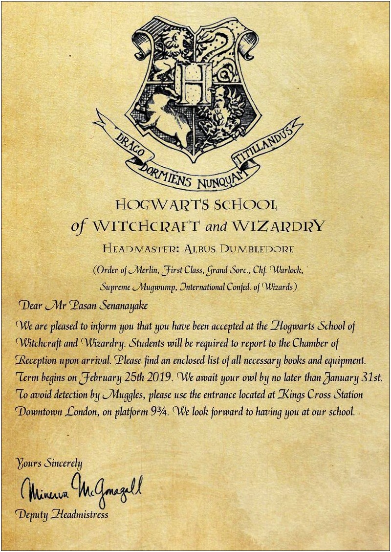 Letter Of Acceptance To Hogwarts Template