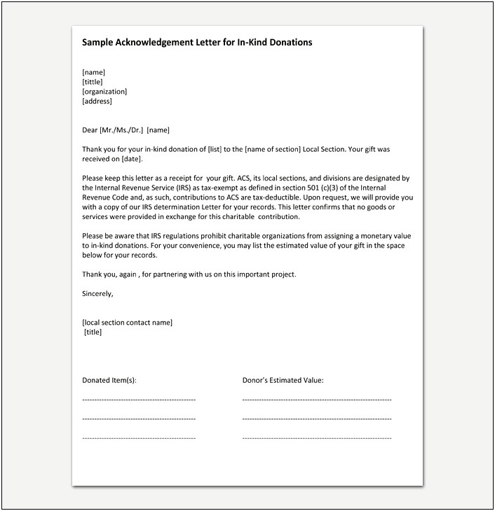 Letter Of Acknowledge Meant For Inkind Donation Template