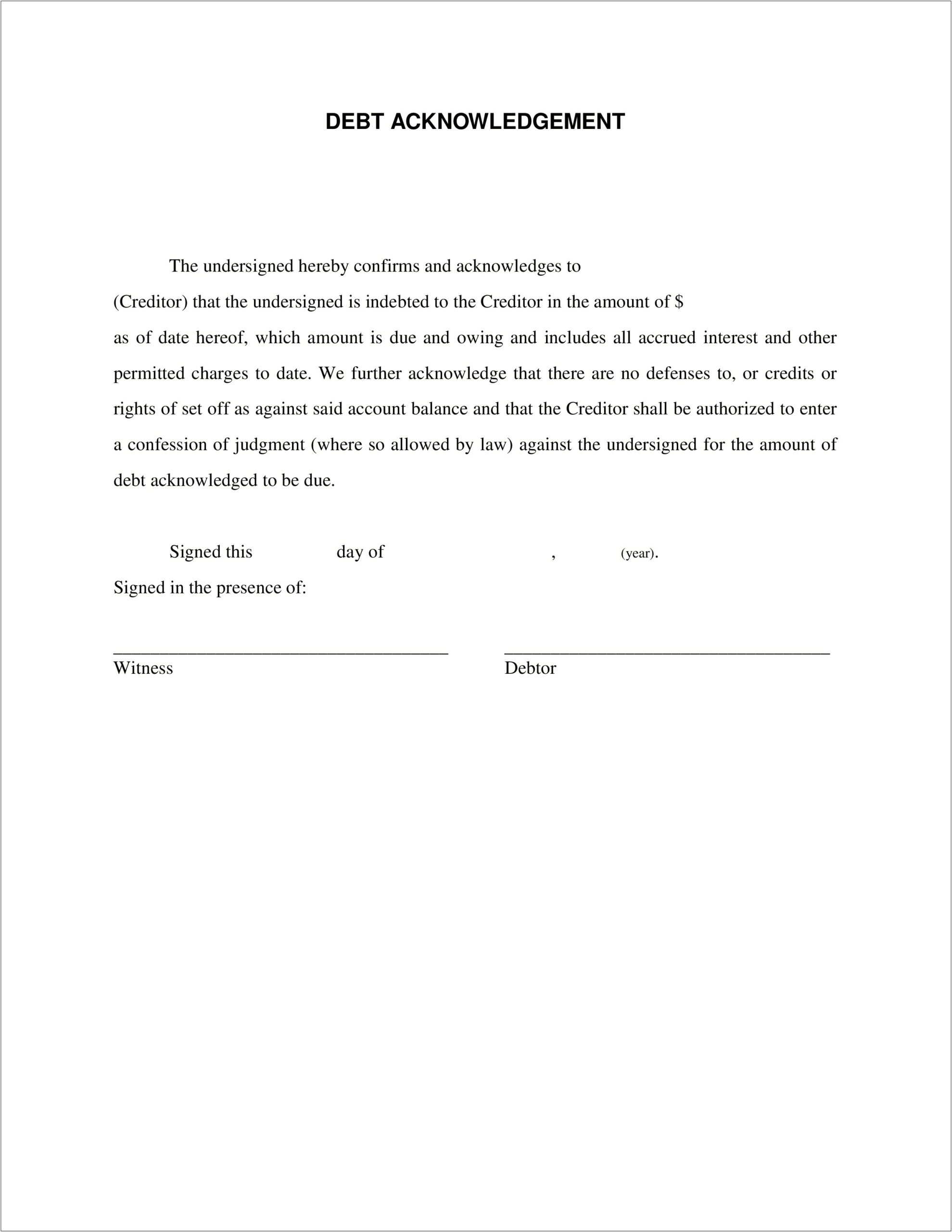 Letter Of Acknowledgement Of Debt Template