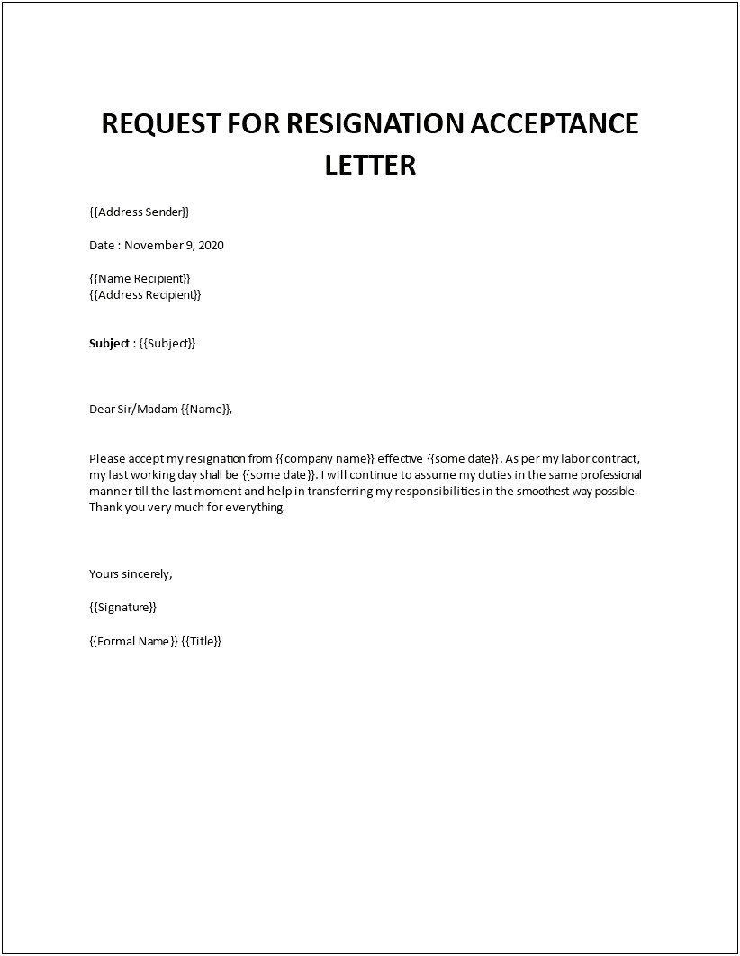 Letter Of Acknowledgement Of Resignation Template