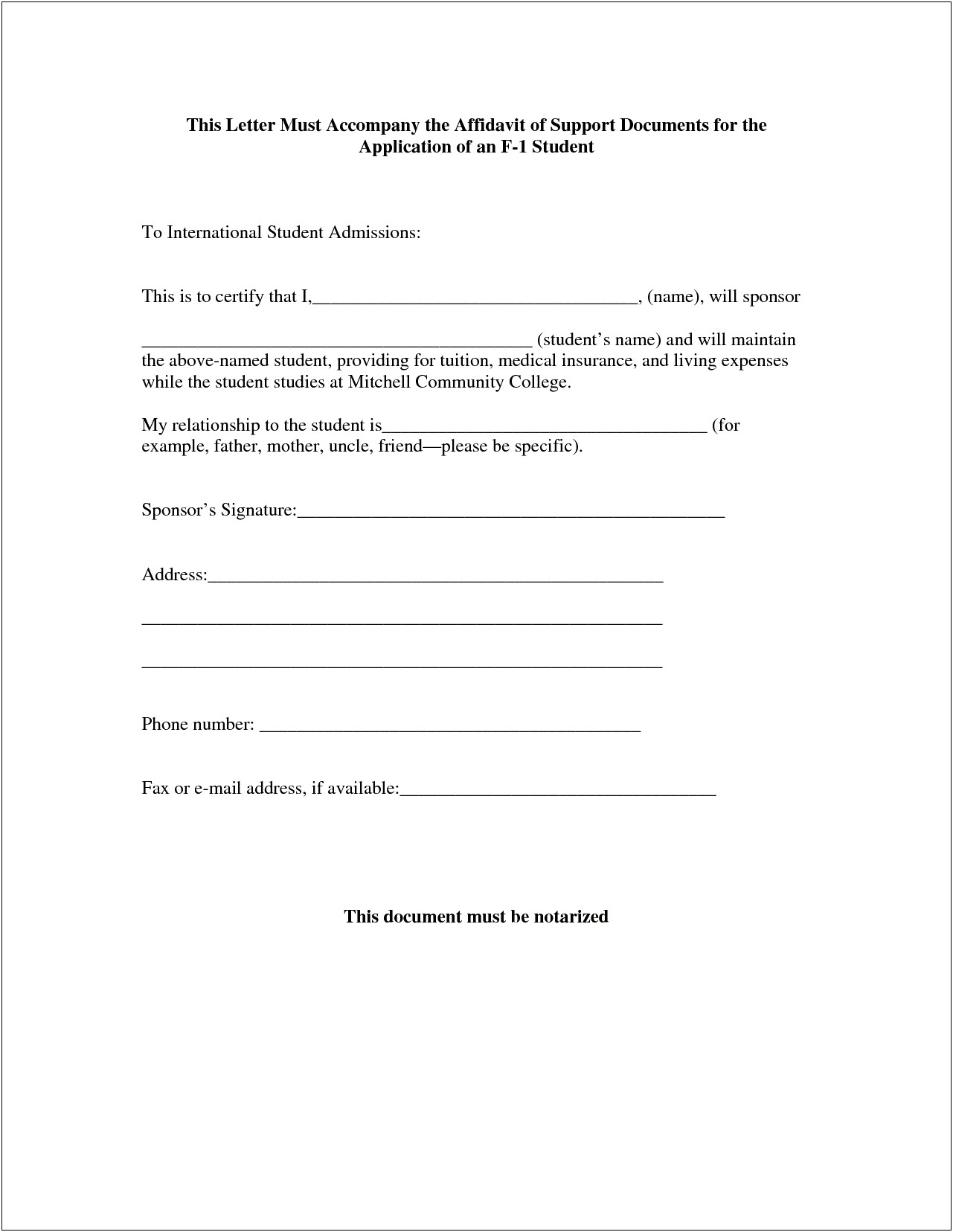 Letter Of Affidavit Of Support Template