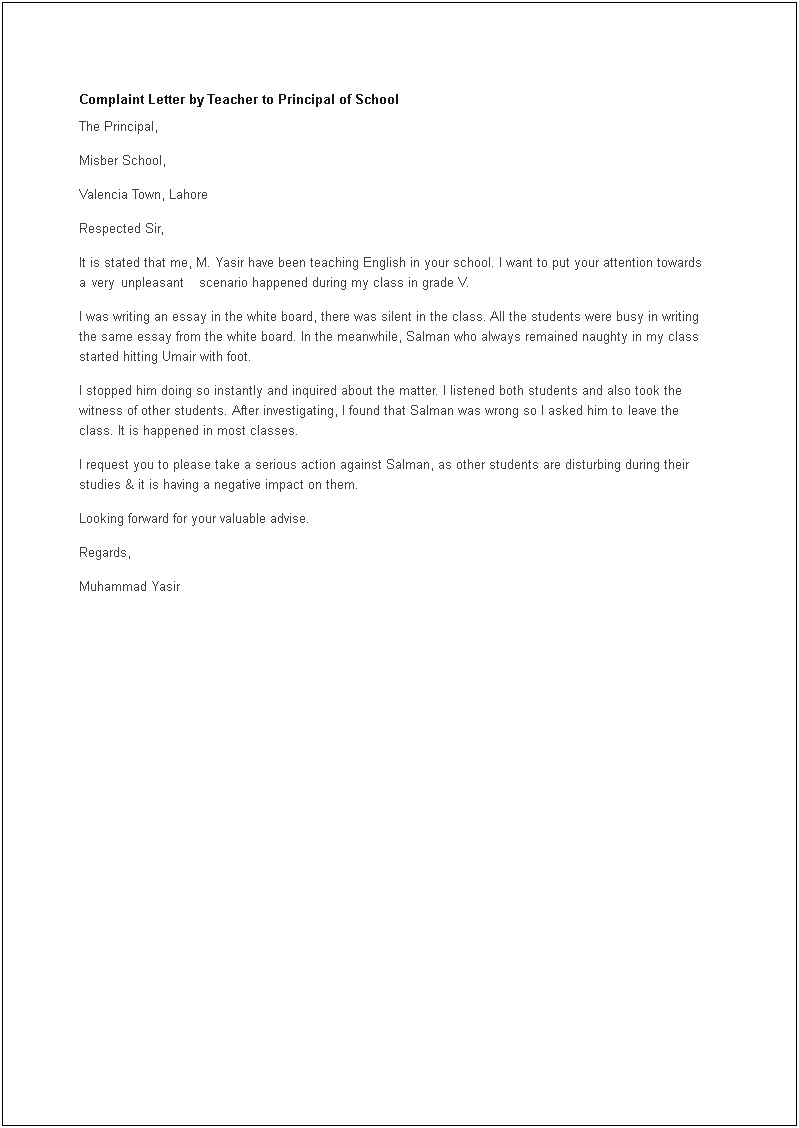 Letter Of Against Teacher Complaint Template