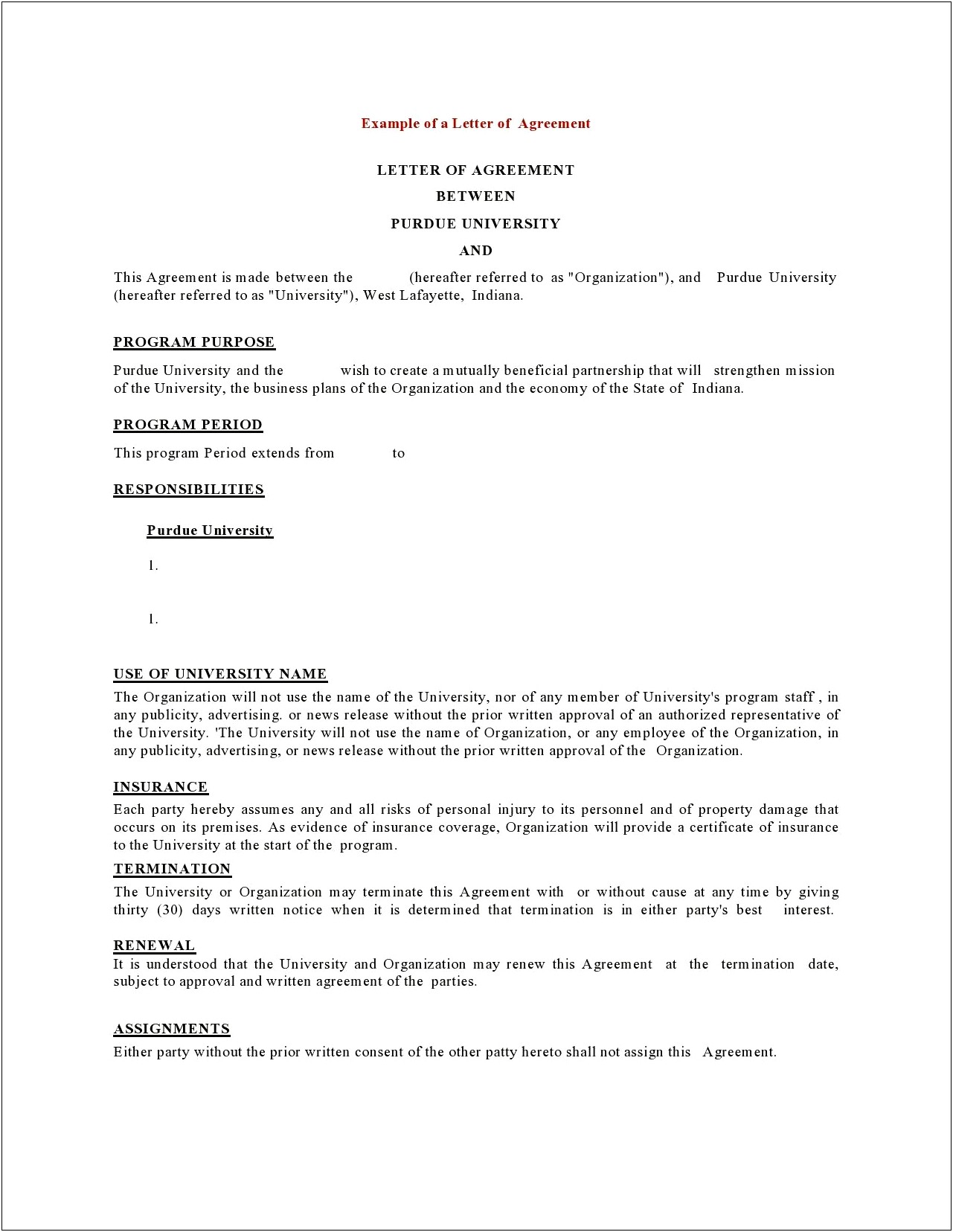 Letter Of Agreement Contract Downloadable Template