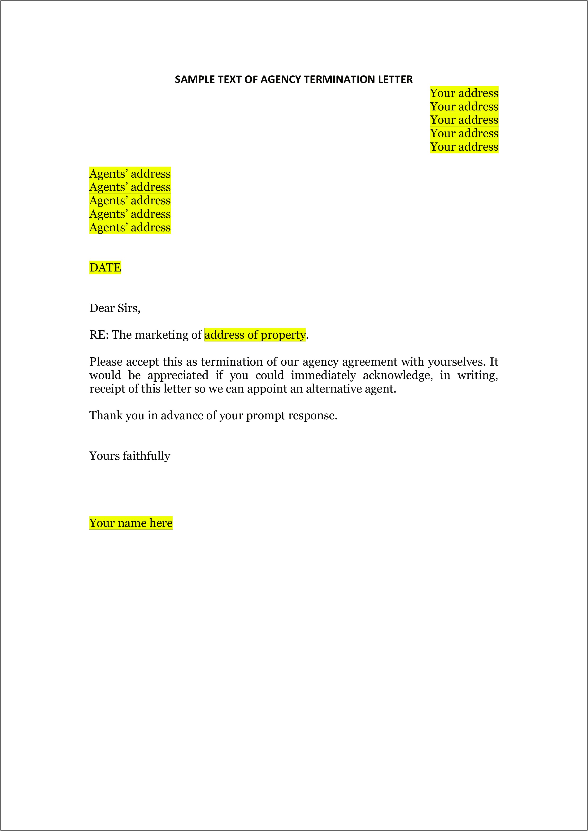 Letter Of Agreement Template Terminate Literary Agent