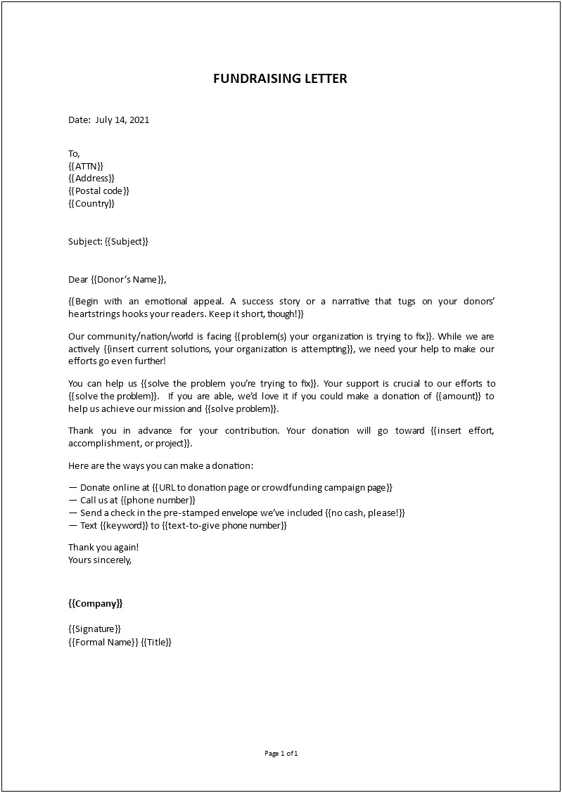 Letter Of Appeal For Donation Template