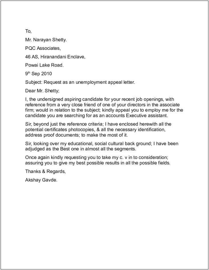 Letter Of Appeal Template Unemployment Denial Nm