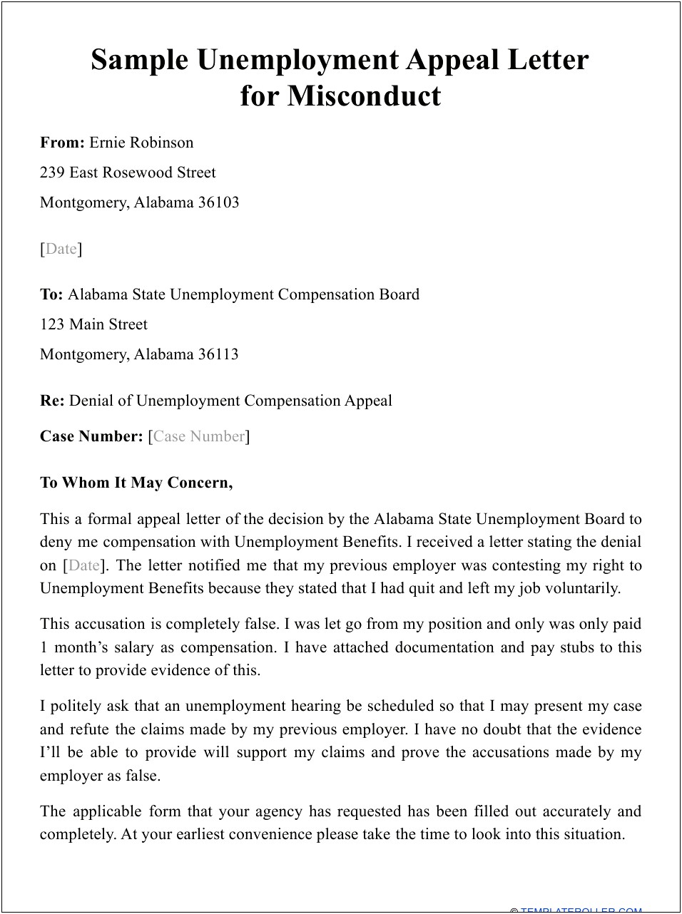 Letter Of Appeal To Unemployment Office Template