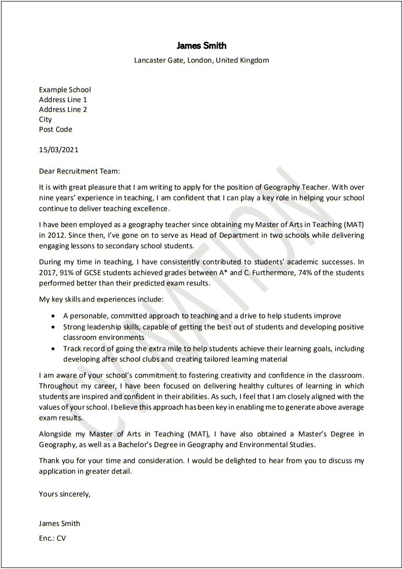 Letter Of Application For Teaching Job Template