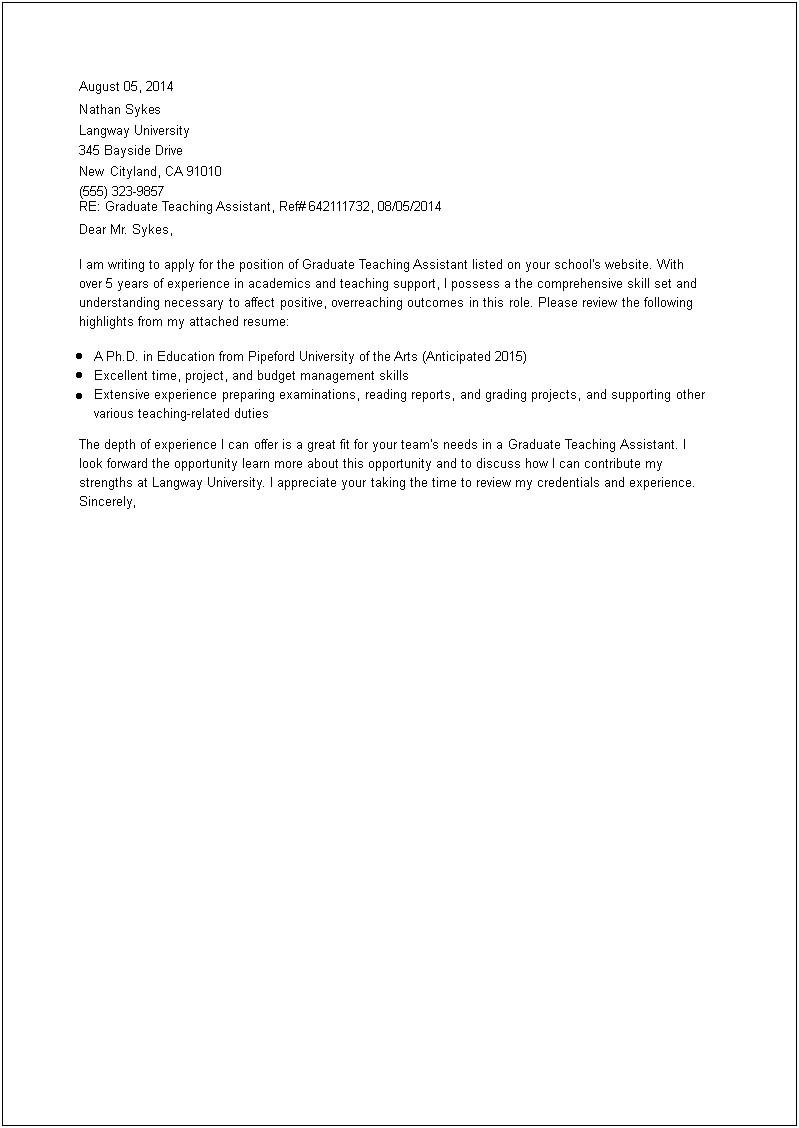 Letter Of Application Template For Teaching Assistant