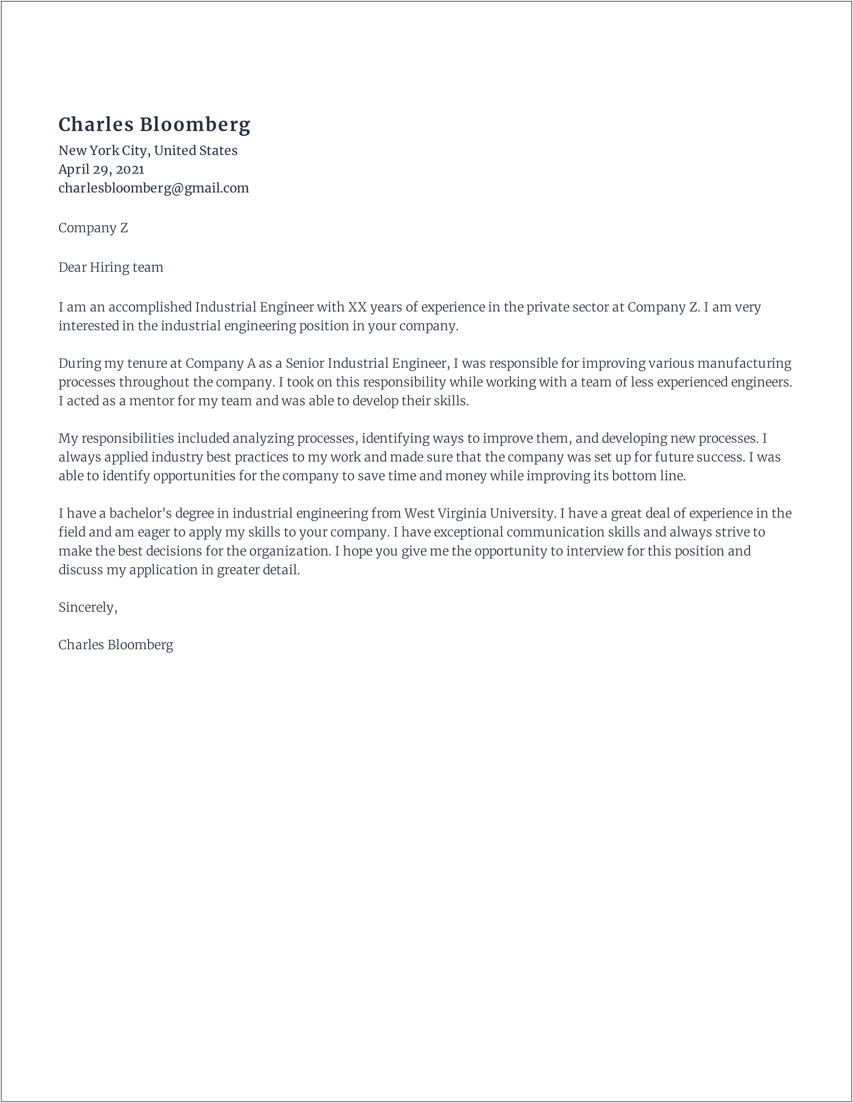 Letter Of Application To University Template