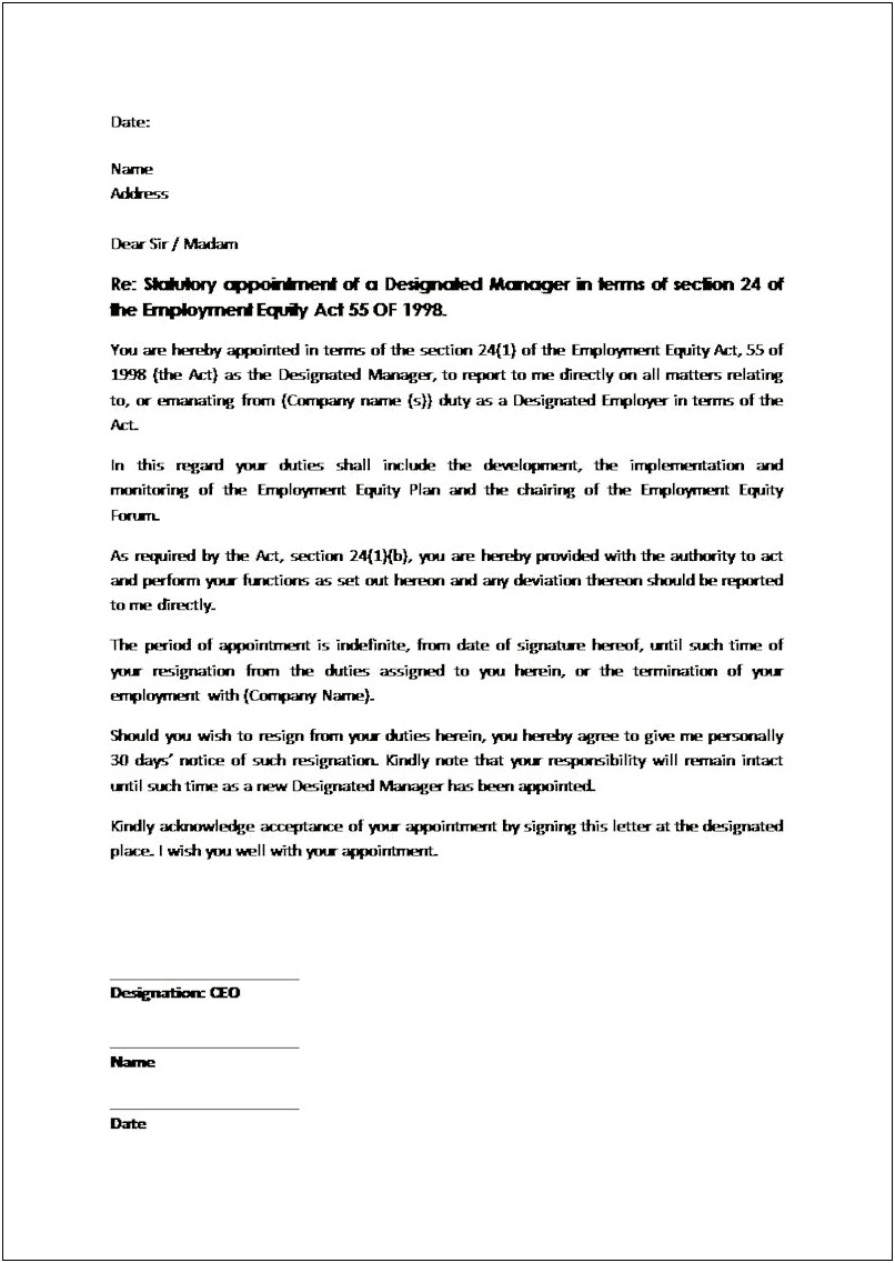 Letter Of Appointment Template Word South Africa