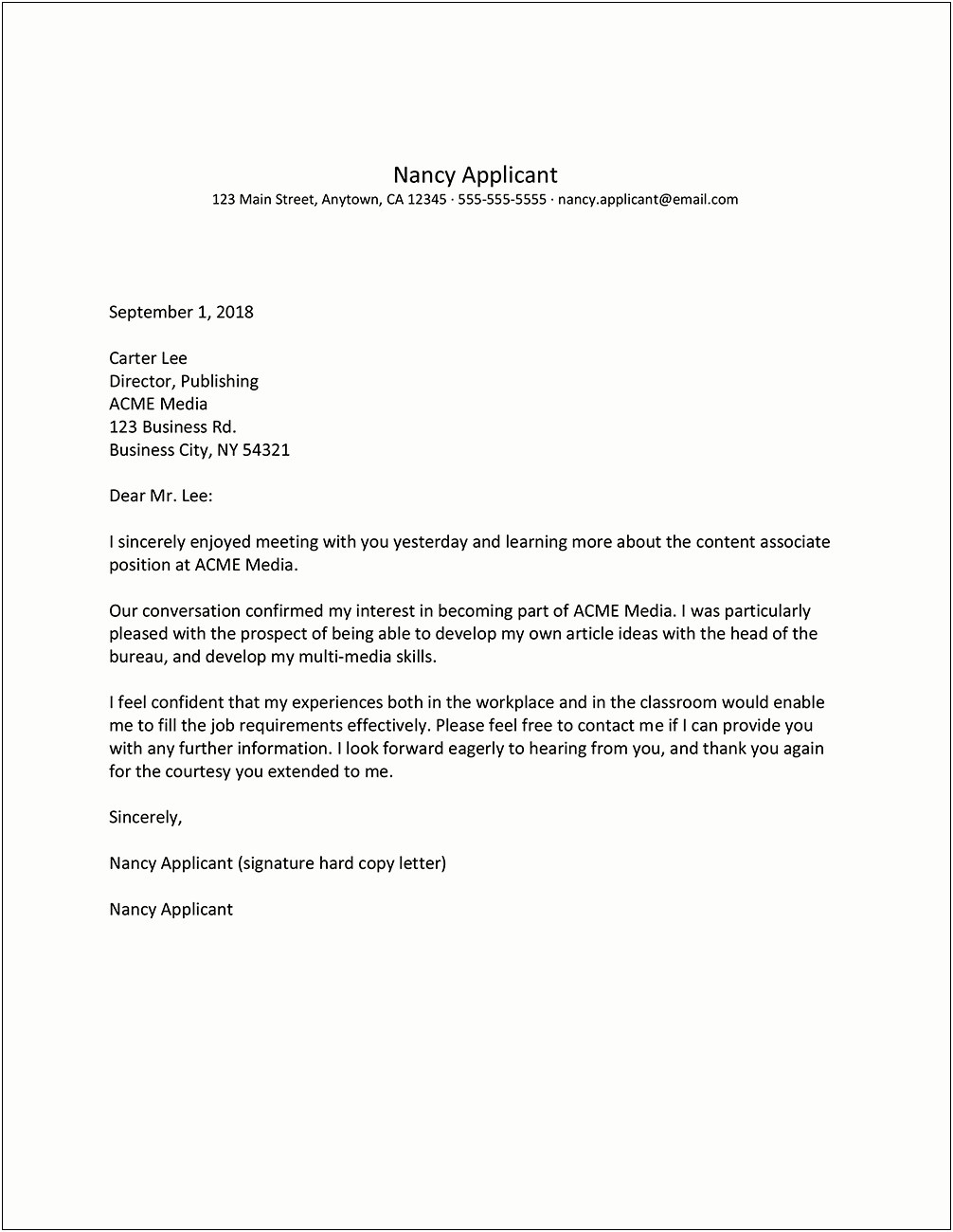 Letter Of Appreciation After Job Interview Template