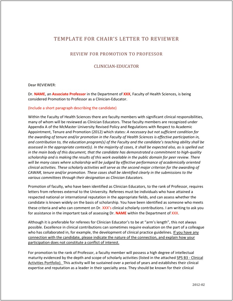 Letter Of Assessment For Promotion And Tenure Template